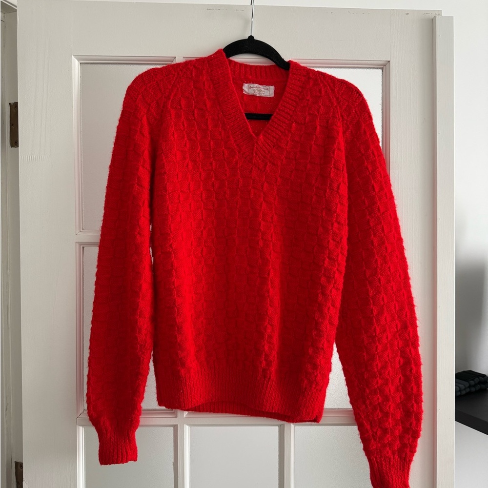 Handmade Red V-Neck Sweater Cozy Knit
